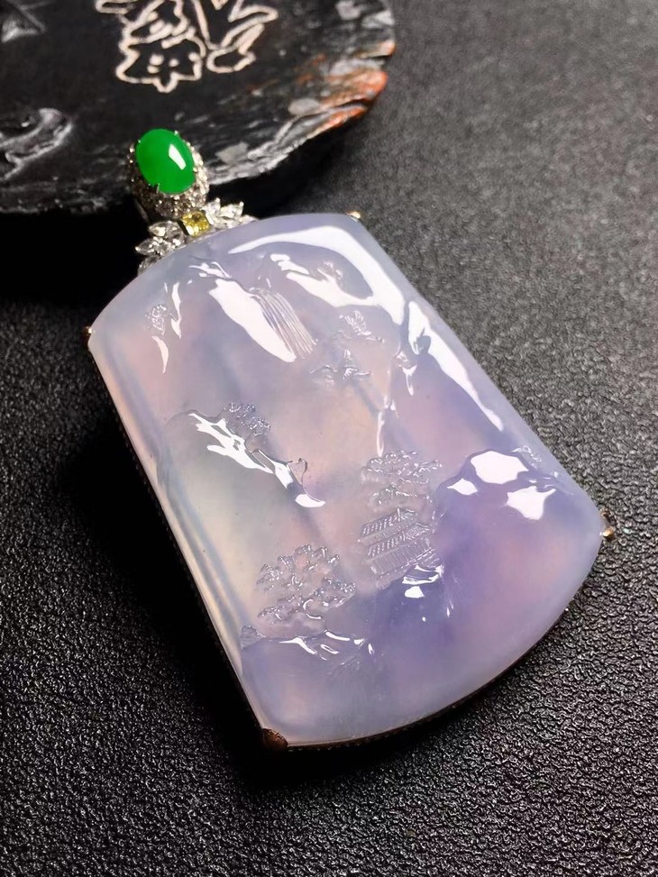 【z29545】翡翠冰种紫罗兰山水牌吊坠