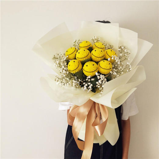 ins温暖可爱表情笑脸黄色乒乓菊花束-送女友老婆爱人生日节日情人节