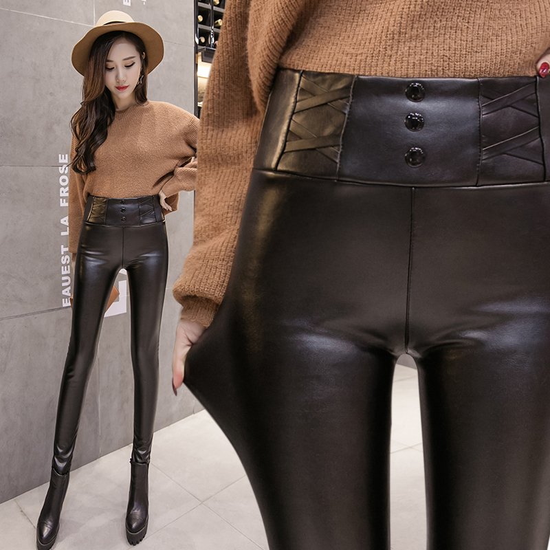 冬皮裤女高腰打底裤外穿亮皮pu皮黑色薄绒小脚裤女靴裤 货号sp7802