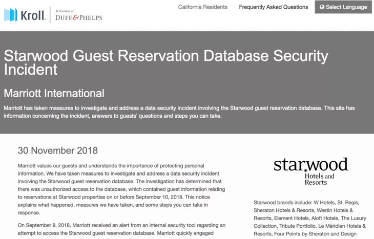 万豪酒店宣称数据库被入侵，5亿用户私密信息或外泄