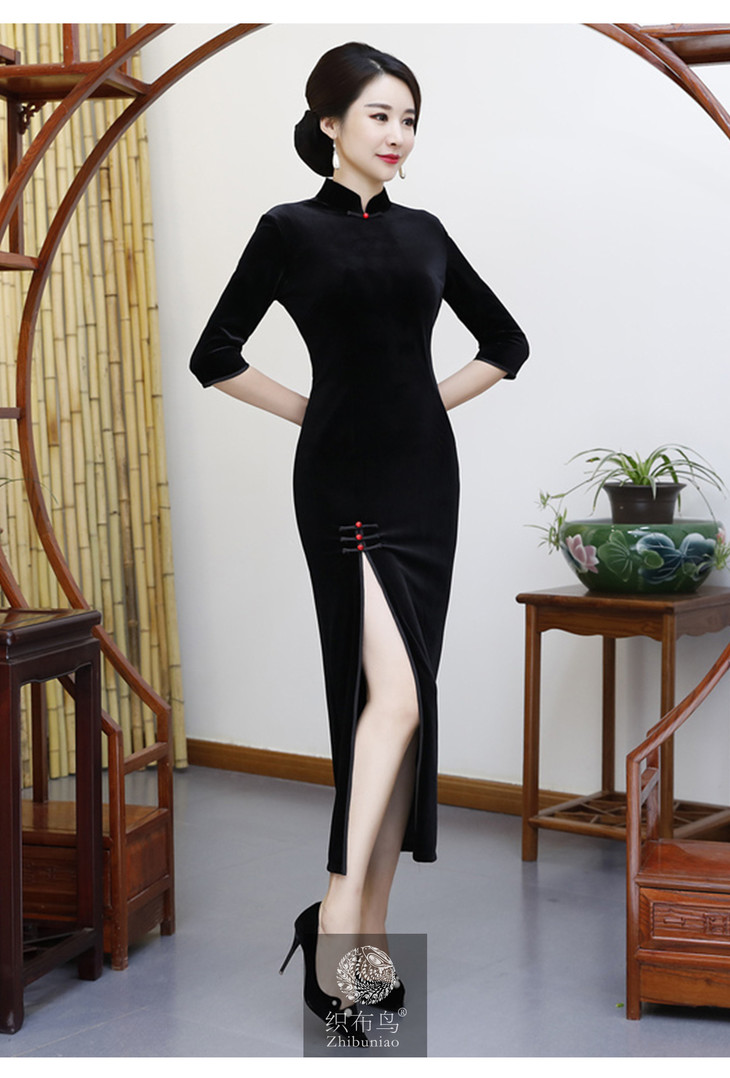 【娇婉墨色】高档丝绒面料修身旗袍hzj9835