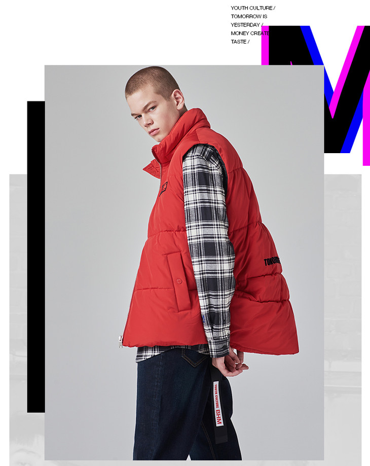 【basic house man】百家好男装冬季新款立领无袖棉袄拉链马甲bsvt71