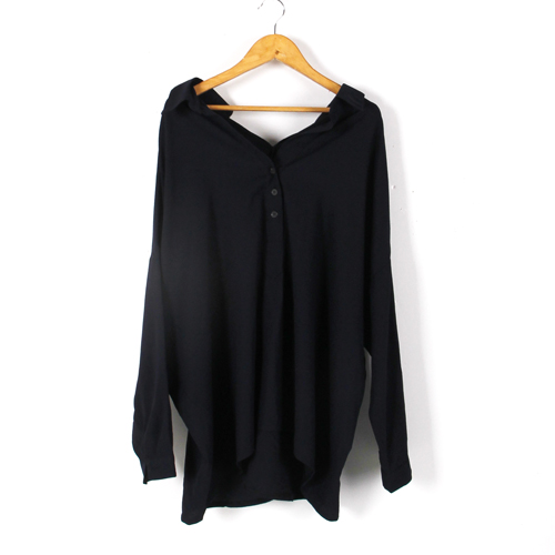 均码深蓝色v领露肩性感长袖衬衫女B63