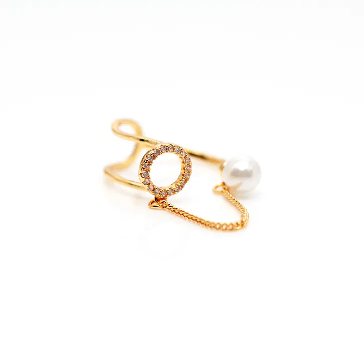 golden open-loop ring with pearl and chain