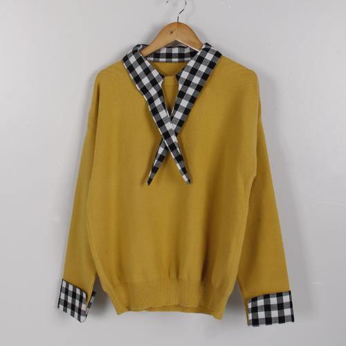 姜黄色深秋长袖针织衫女打底衫假两件上衣宽松娃娃领毛衣B47 商品图0