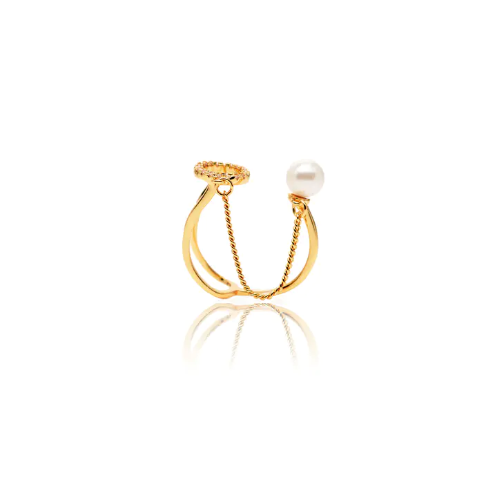 golden open-loop ring with pearl and chain