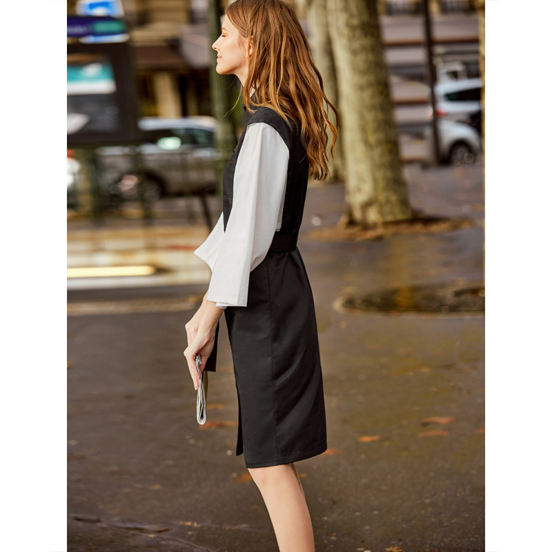 amii极简气质知性黑白配连衣裙2019春衬衫式撞色腰带宽松连衣裙