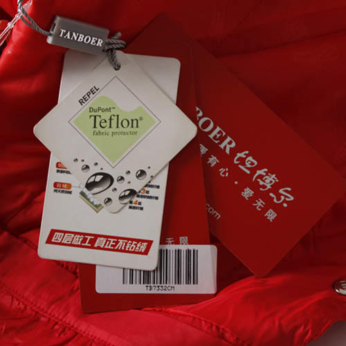 坦博尔L码红色獭兔毛领蕾丝花边修身羽绒服女B52 商品图2