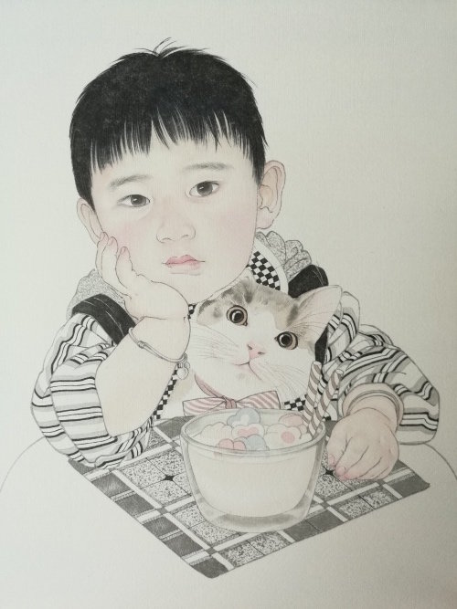 置爱艺术家定制儿童肖像工笔画刘莹莹作品