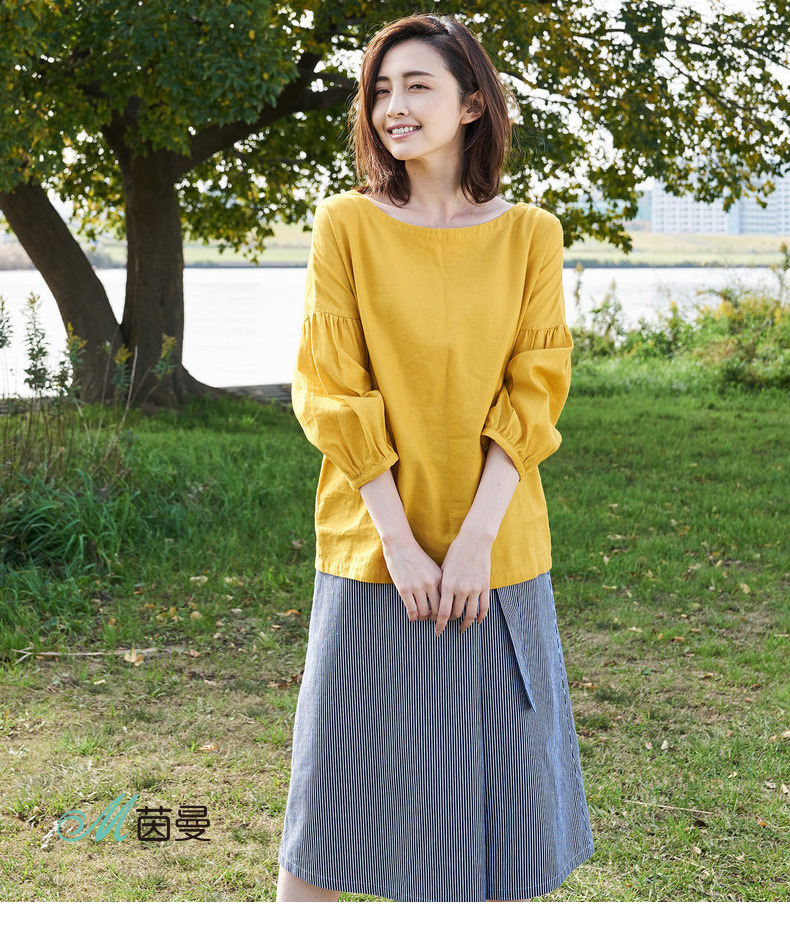 茵曼2018春秋新款前后两穿长袖v领棉麻套头衬衫女衬衣宽松上衣