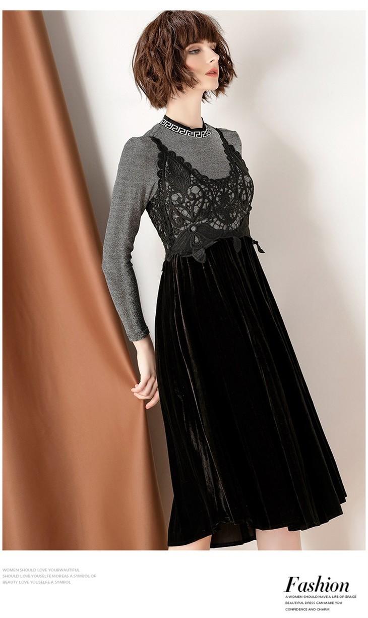 姜涞【预售 3-5天发】弹力钩花丝绒拼接吊带裙套装 礼服011206