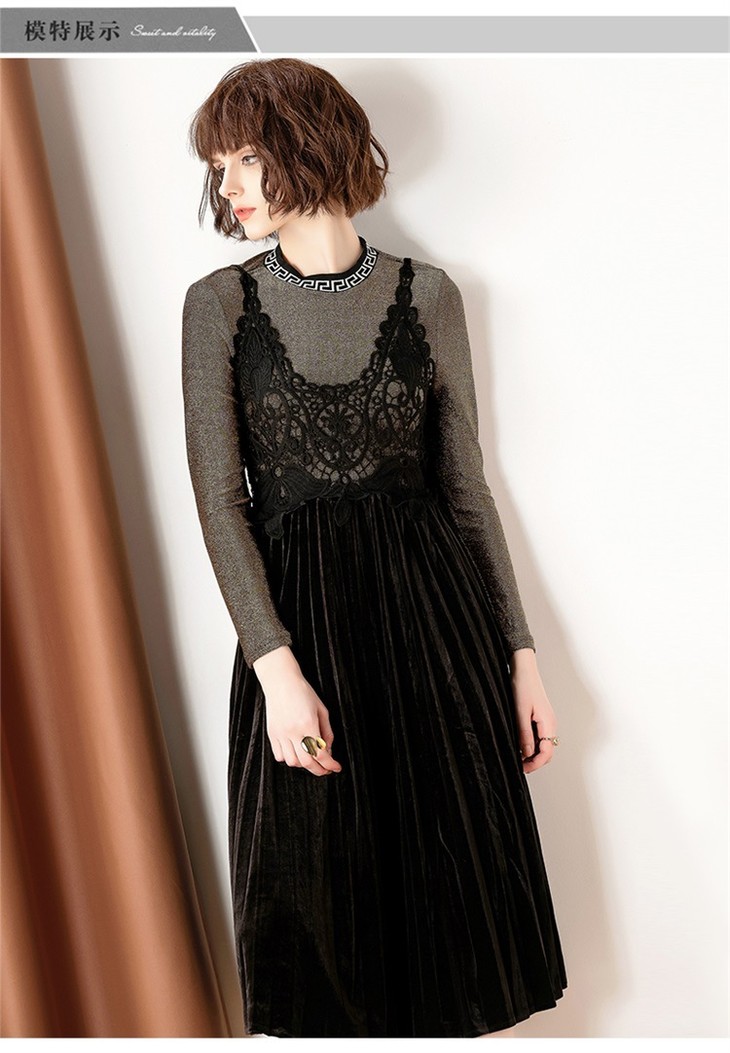 姜涞【预售 3-5天发】弹力钩花丝绒拼接吊带裙套装 礼服011206