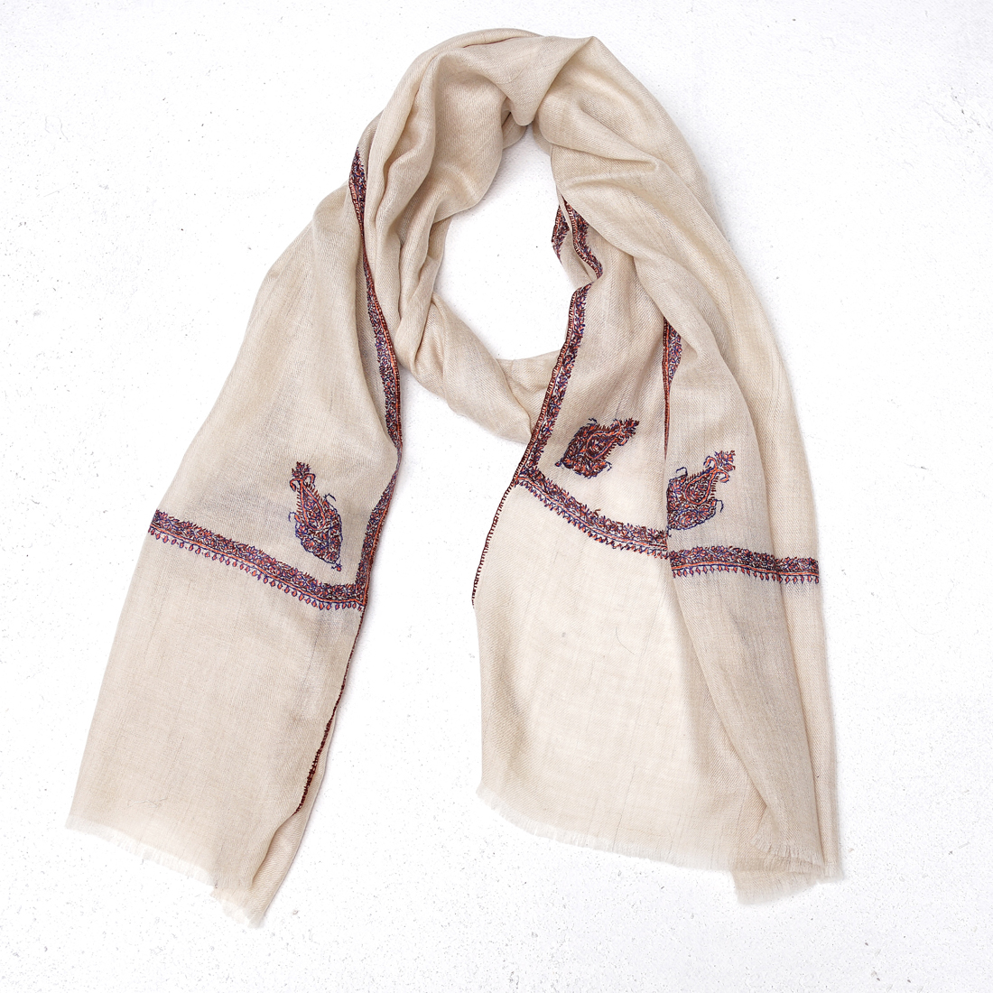 70cm宽 米白色 边绣(红色及近似颜色边)-1 克什米尔pashmina羊绒围巾