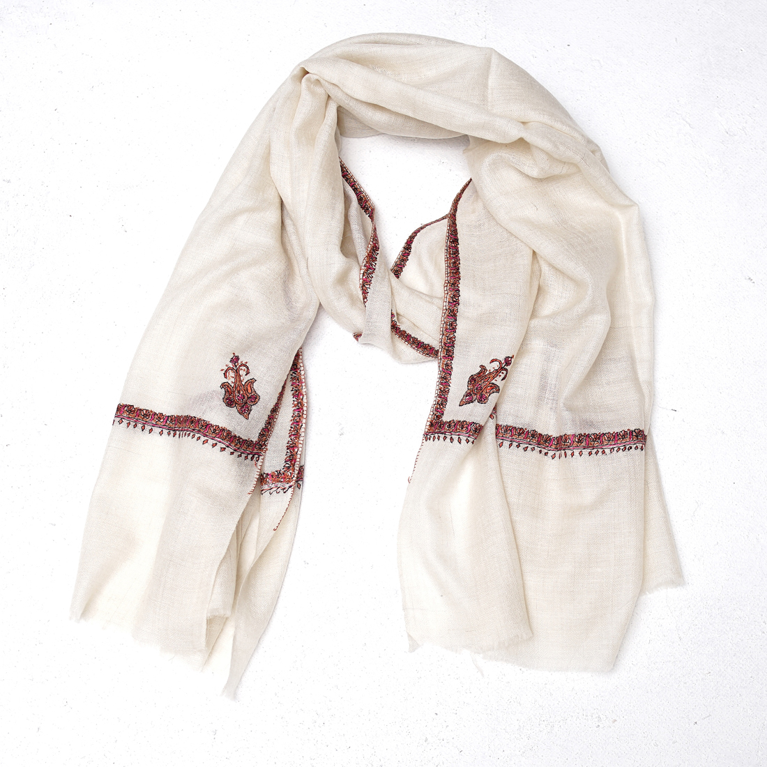 70cm宽 米白色 边绣(红色及近似颜色边)-1 克什米尔pashmina羊绒围巾