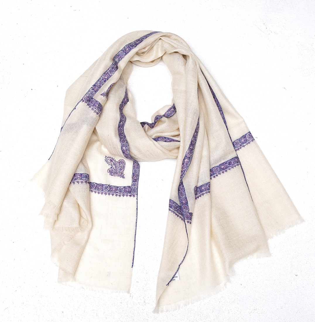 70cm宽 米白色 边绣(紫色及近似颜色边) 克什米尔pashmina羊绒围巾