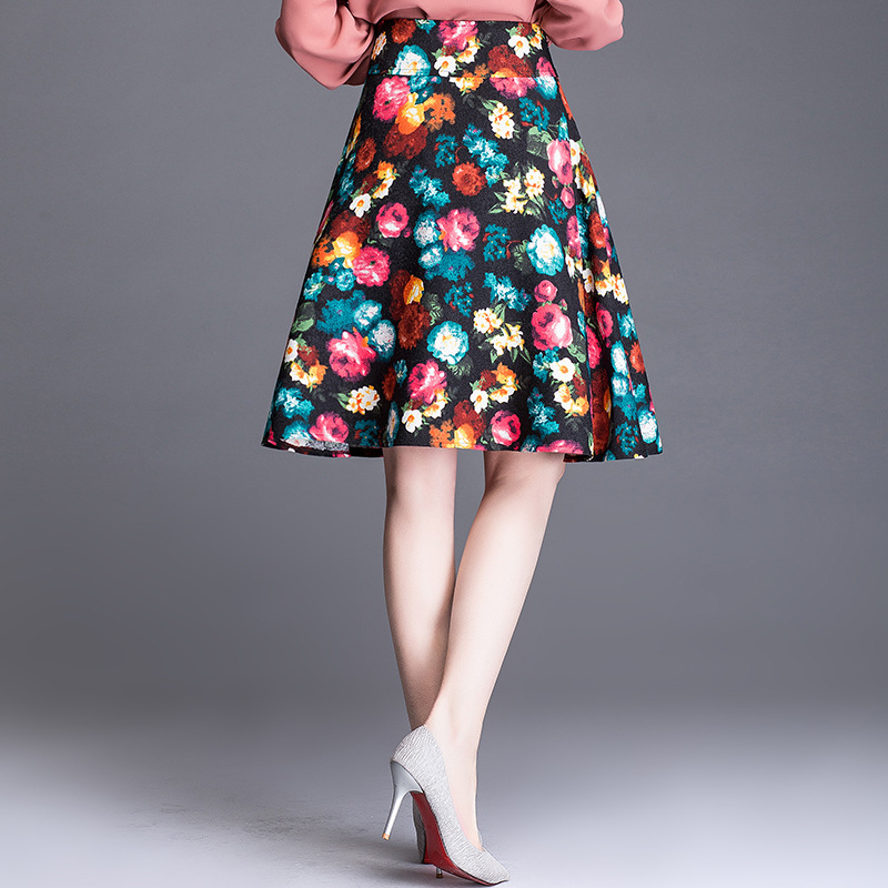 印花大摆半身裙女2019轻熟中裙韩版高腰百搭大花裙子al1243