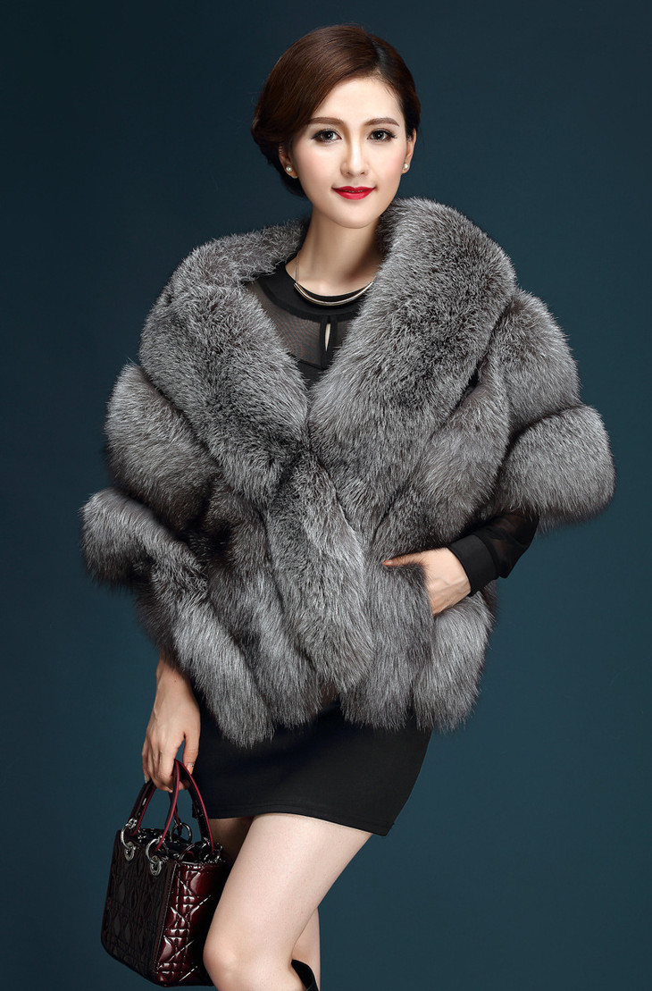 tzw-冬季高仿狐狸毛修身皮草斗篷披肩带口袋