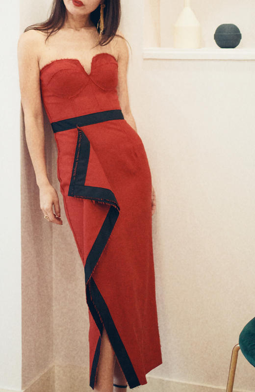 AtelierMissLu / Penelope 探戈橘黑边抹胸礼服 商品图1