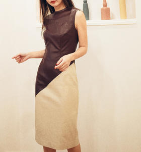 AtelierMissLu / Julie 酒红米白几何拼色仿皮连身裙