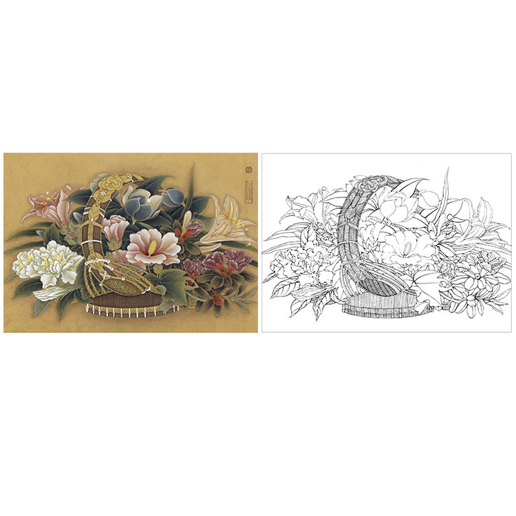 有步骤大彩图李晓明工笔花鸟画白描底稿初学者临宋花篮图斗方小品册页