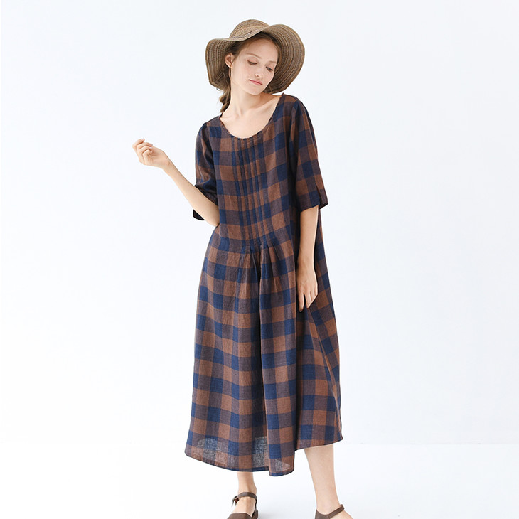 女士休闲时尚百搭简约优雅柔软亲肤全棉连衣裙a0227108