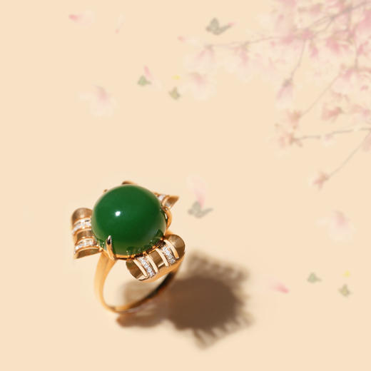 18K玫瑰金和田玉（碧玉）镶钻戒指-花开富贵 / 半珠14mm / 菠菜绿（戒圈请备注留言） 商品图0