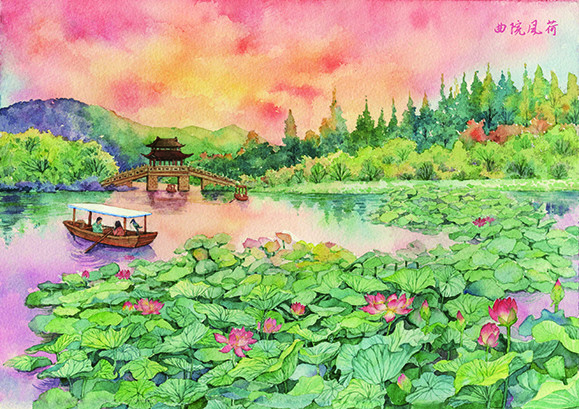 手绘西湖十景拼图