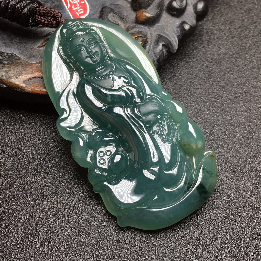 【d61993】翡翠冰糯种蓝水飘花观音挂件