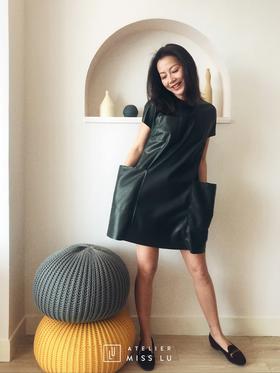 AtelierMissLu / Behati-墨绿大口袋拼接仿皮连身裙