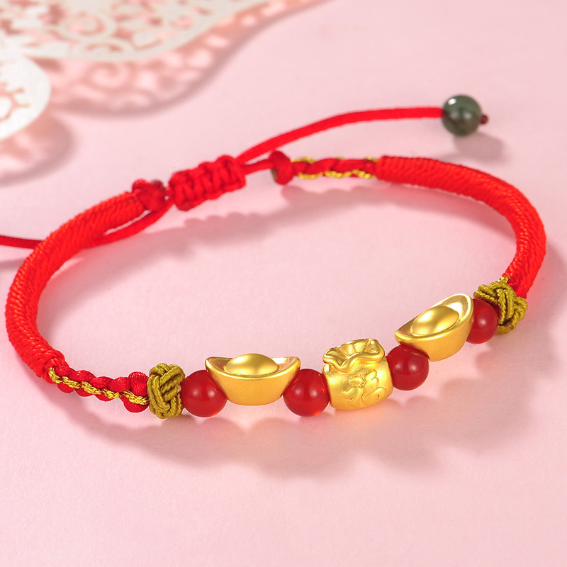 中国黄金t0531招财金元宝福袋黄金手链男女款足金转运珠拉伸款红绳