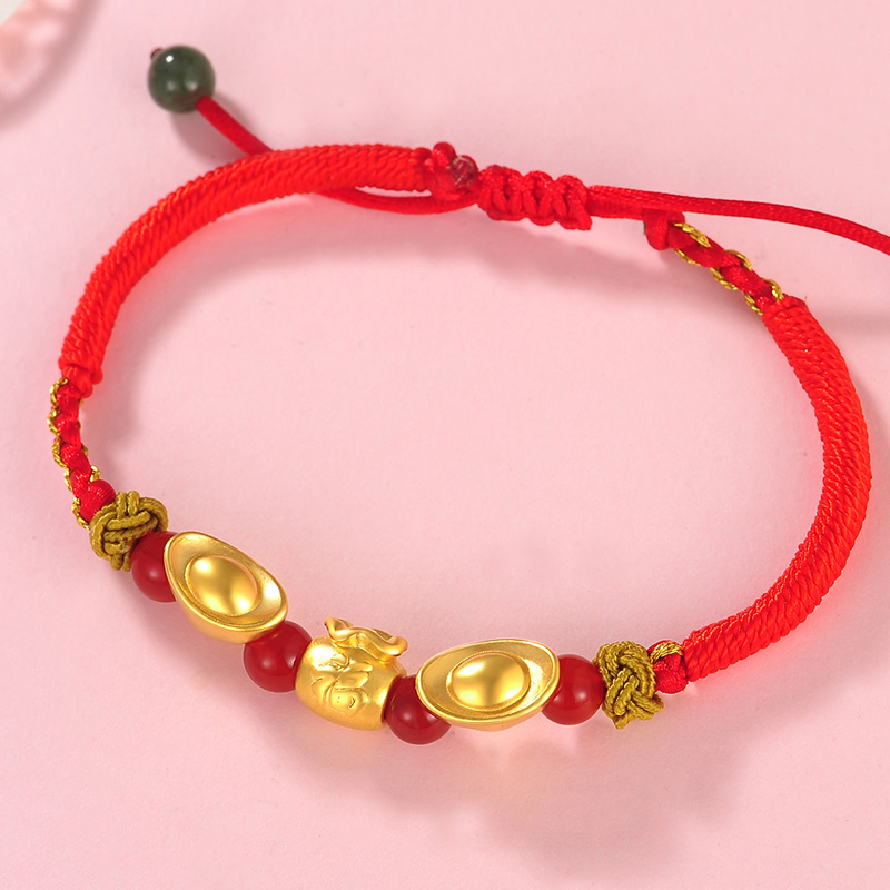 中国黄金t0531招财金元宝福袋黄金手链男女款足金转运珠拉伸款红绳手