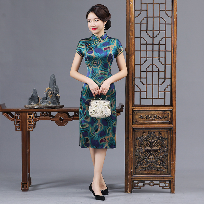 复古唐装真丝改良珍珠缎旗袍(货号 by12)