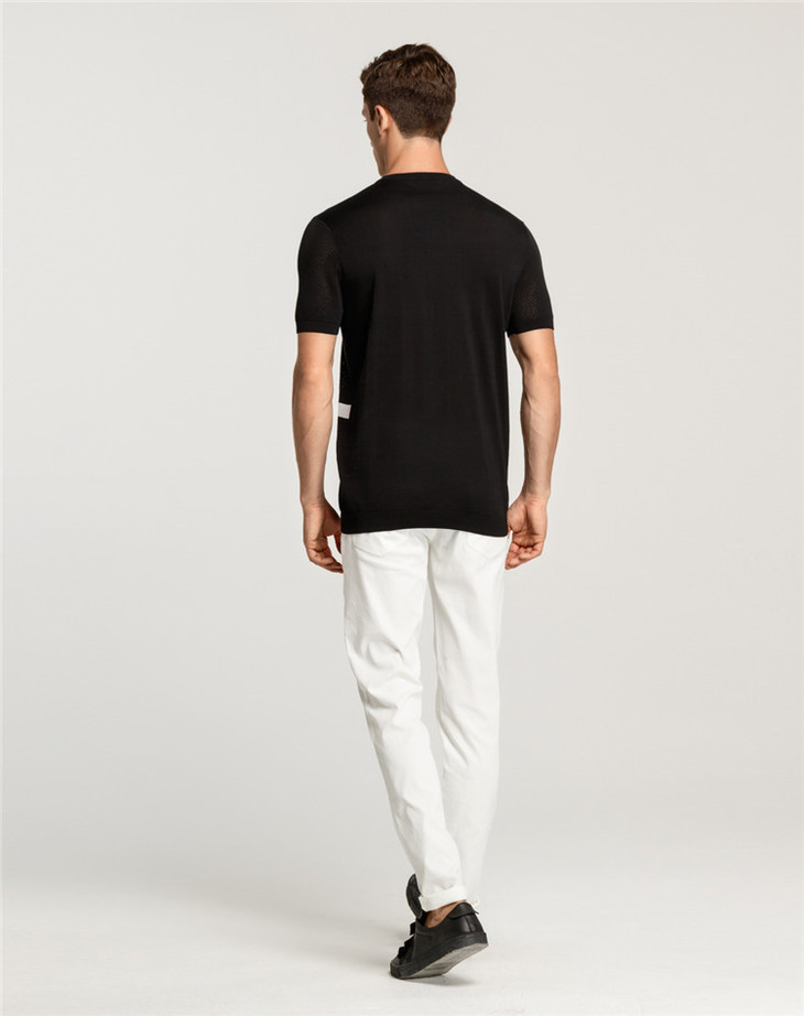 benato宾度 黑色几何时尚镂空修身休闲短袖男士针织t恤751202005-01