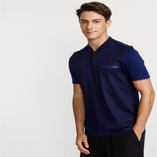 benato宾度 藏青色柔滑透气桑蚕丝棉小立领休闲男士短袖t恤753202011