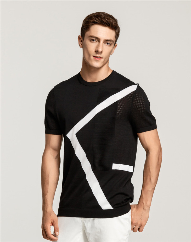 benato宾度 黑色几何时尚镂空修身休闲短袖男士针织t恤751202005-01
