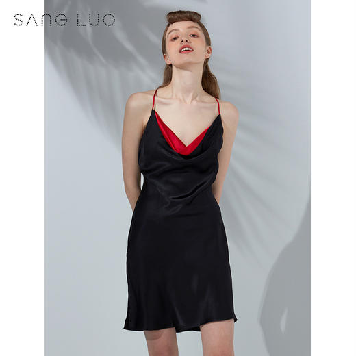 SANGLUO桑罗吊带打底裙撞色露背性感睡裙桑蚕丝睡衣可外穿 商品图1