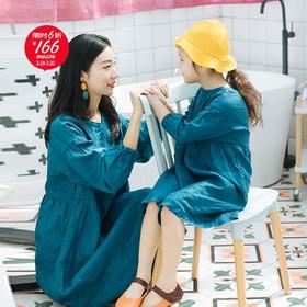 蔚蓝天/灯笼袖亚麻连衣裙