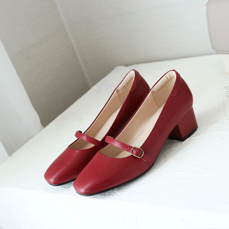 阿么2019春款方头粗跟单鞋女森女系奶奶鞋浅口一脚蹬懒人百搭潮流