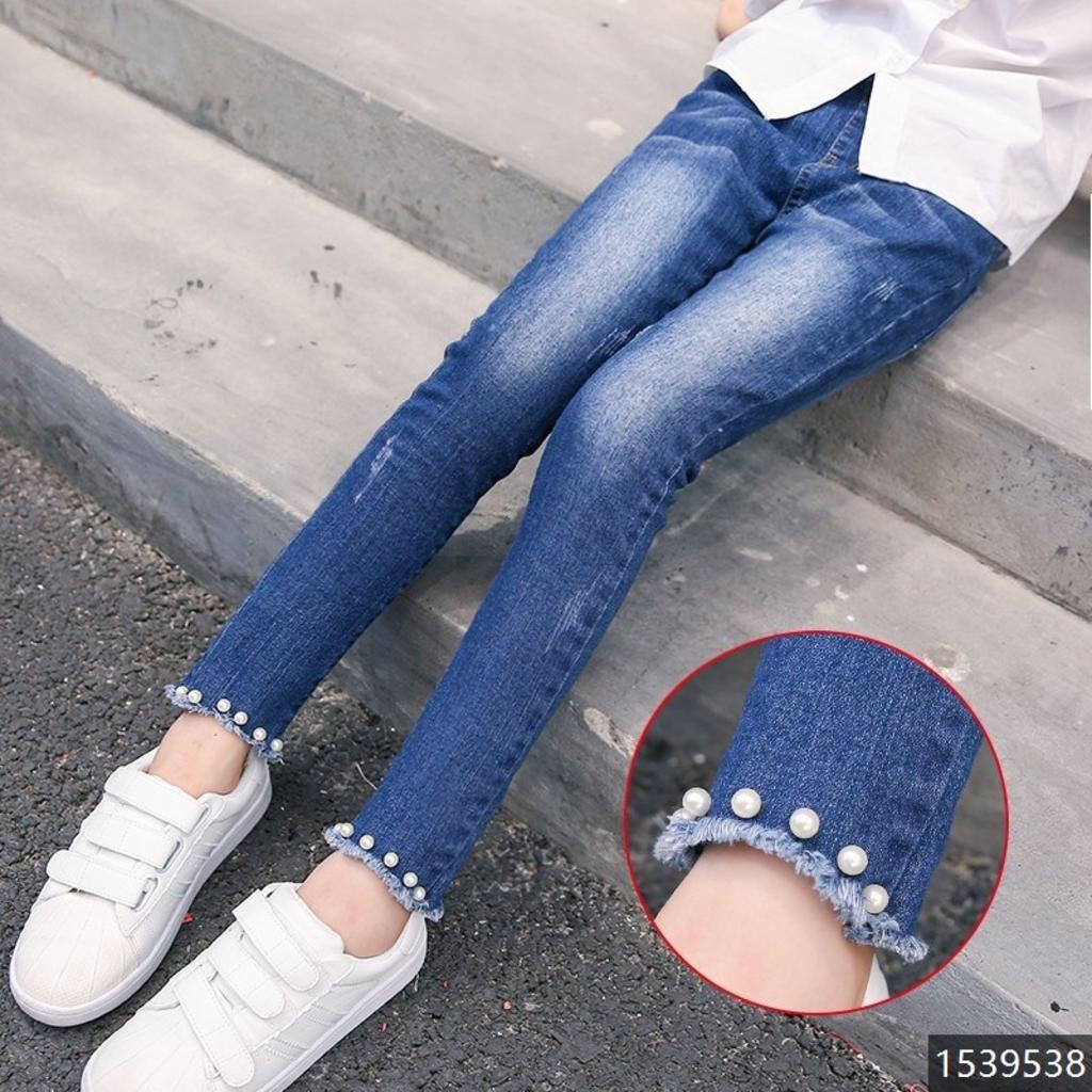 【特卖价75】 铃铛猫 女童脚口珍珠牛仔裤 63.2%棉21.