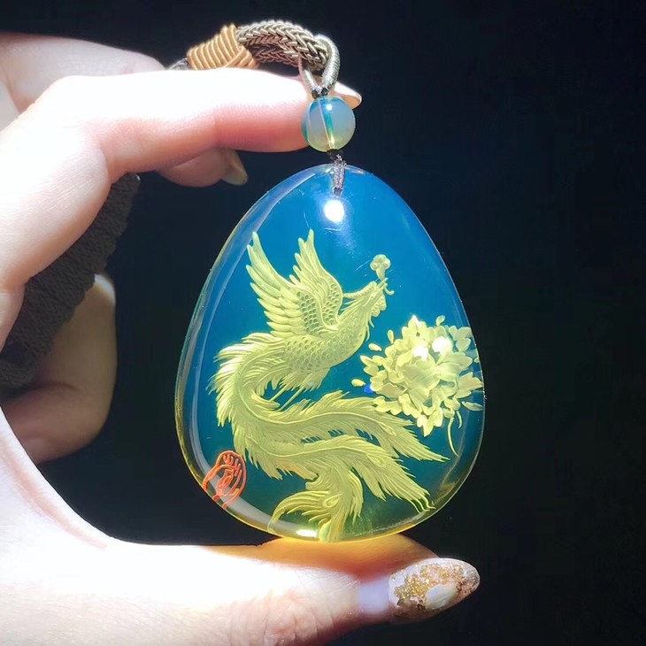 【阴雕】国家级大师彭赣闽手作『凤穿牡丹』精选墨西哥蓝珀,纯手工