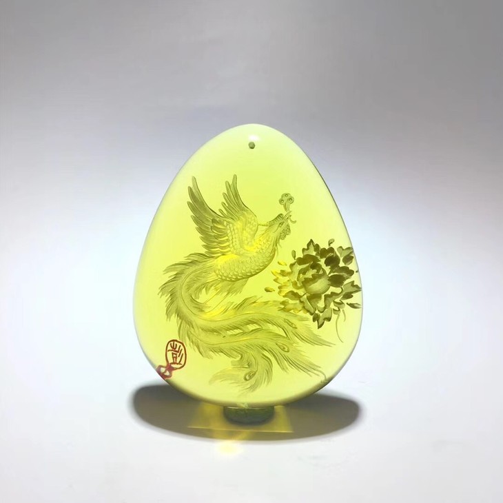 【阴雕】国家级大师彭赣闽手作『凤穿牡丹』精选墨西哥蓝珀,纯手工