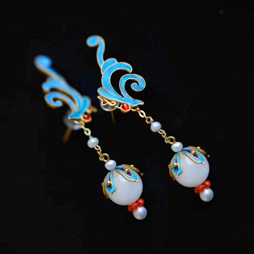 纯银鎏金点翠和田玉（白玉）玉珠耳饰 商品图0