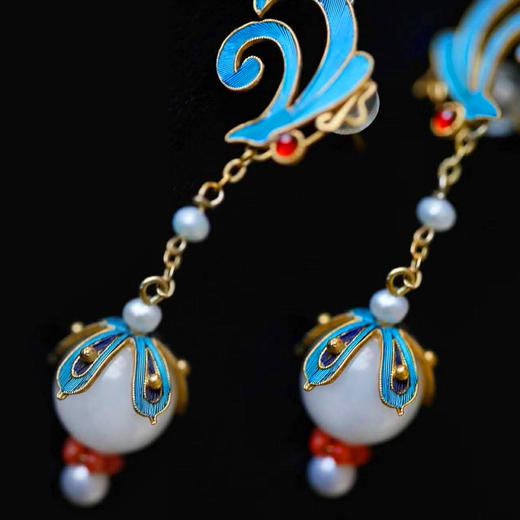 纯银鎏金点翠和田玉（白玉）玉珠耳饰 商品图1