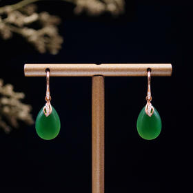 18K玫瑰金和田玉（碧玉）镶钻水滴耳饰--青翠欲滴   / 单面水滴 10*15mm / 总长27mm / 菠菜绿