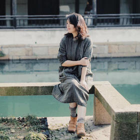 绽放D307朵/小岛/墨绿色条纹连衣裙