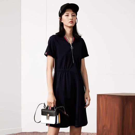 棒球领连衣裙休闲风中长款拉链款藏蓝色cnd9378 - 念奴娇服饰集团商城