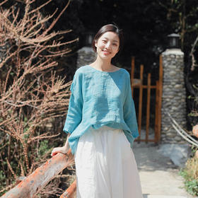 绽放D340朵//圆领两面穿中袖休闲衬衫