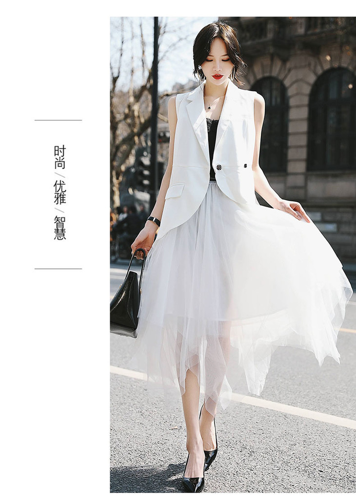 cq syy1936气质纯色无袖西装马夹配纱裙系带套装【优】