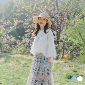 绽放D316朵/有诗/纯棉落肩泡泡上衣