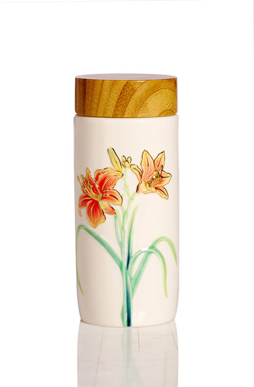 萱草花随身杯（木纹盖）双层300ml  可定制 商品图0